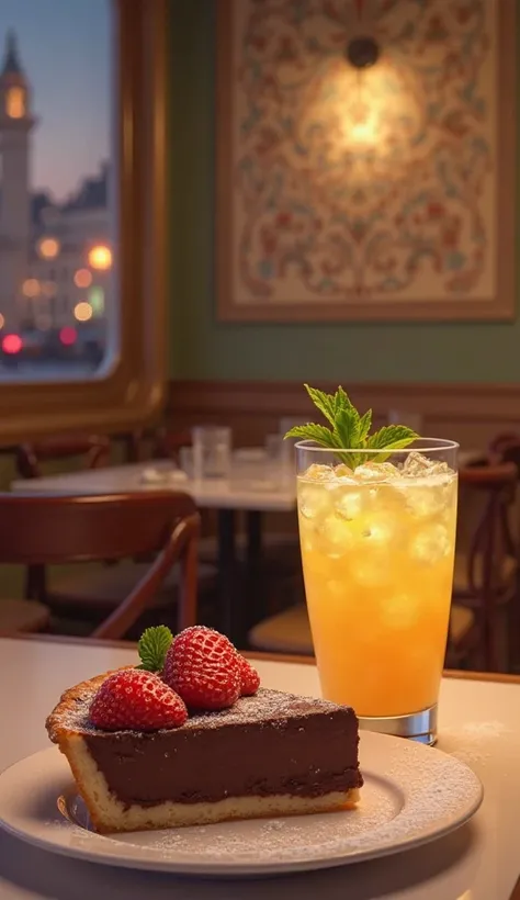 Create an image of a glass of pineapple juice, And a chocolate strawberry pie. On a table in a restaurant in Paris.   It's nighttime 