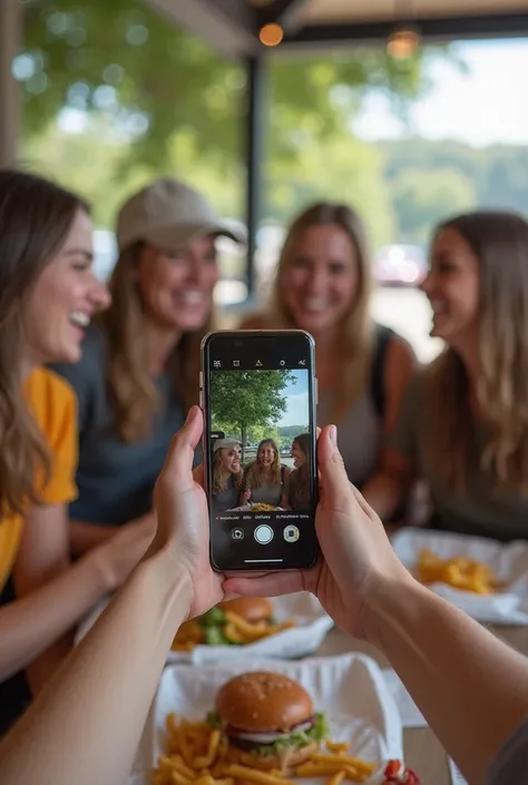 8. Hanging Out with Friends
"First-person view of sitting at a bench in a park or at a table in a fast food place with friends laughing and talking. The hand is holding a phone with a selfie being taken. The background includes trees, outdoor seating, or t...