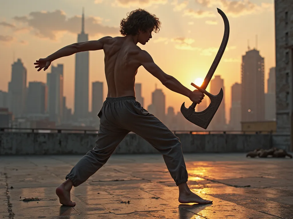 A hyper-realistic scene of Atreus Ptolemaios a adolescent caucasian boy in an urban training ground, practicing a mix of Egyptian swordplay and Norse axe techniques. His shirtless torso glistens under the city lights, his toned body moving fluidly as he do...