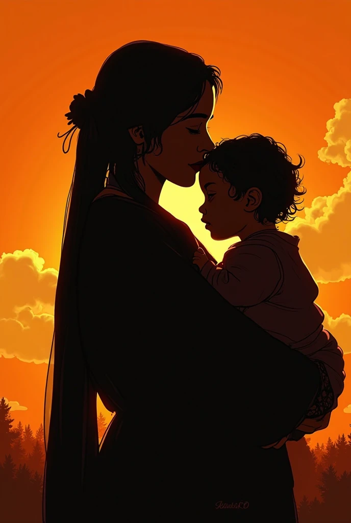 Silhouette illustration of a mother hugging her baby tightly under an orange sky. Their shapes are clear, but their faces are covered in shadow, creating a deep emotional atmosphere. Created in a Renaissance style with a high level of realism, featuring dr...