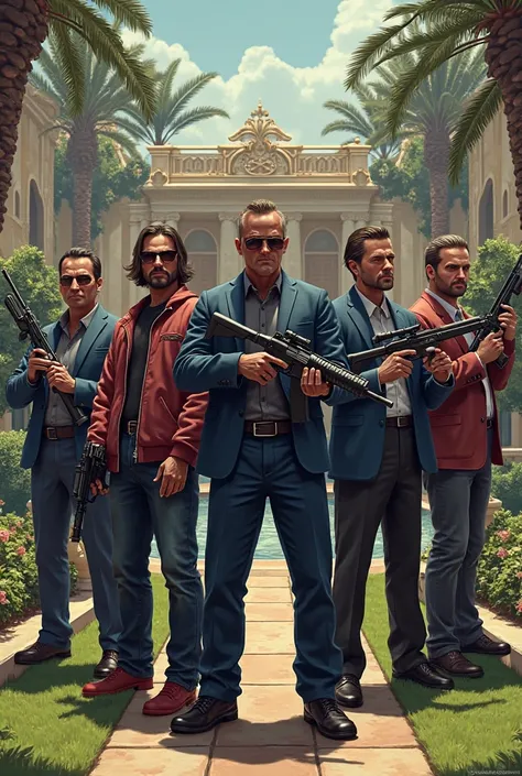 Group of GTA Rp characters in the backyard of a mansion with weapons