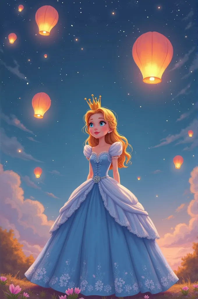 A cartoon-style image of a blonde in a Cinderella dress and a crown turned upside down looking at Rapunzel's lights