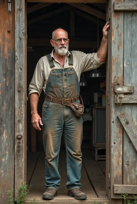 Bald adult man with beard and overalls raises a shutter