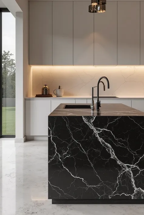 Create an Island with sink and wet area separation made of São Gabriel black granite, in a modern design kitchen but with lighter colored plans. Focus on the marbling item with realistic 4k image