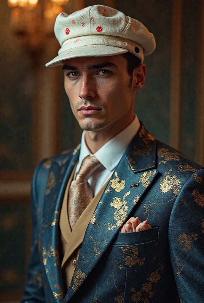 Make a gorgeous man in a blue and gold suit with a white cap with red polka dots