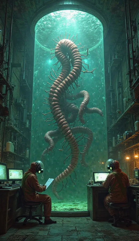 "A dimly lit, dilapidated secret laboratory, submerged partially underwater creating a murky, unsettling atmosphere. Flickering underwater lights cast eerie shadows that dance across rusted metal and algae-covered walls. Bubbling beakers and strange appara...