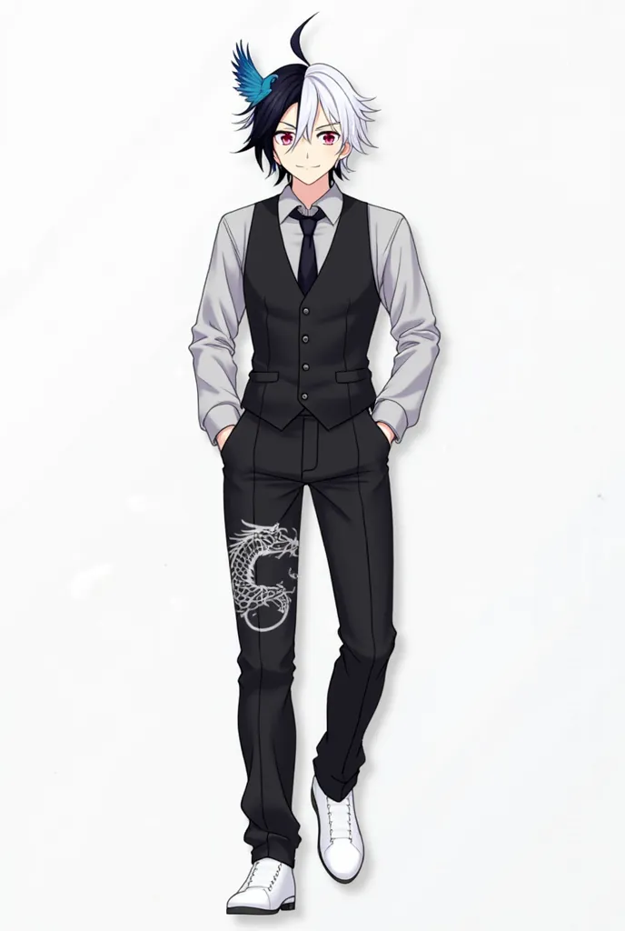 Image style:anime 
Sexuality: man 
Age :13
Hair:
   * The hair is one of the most striking features, presenting a bicolor with white and black locks.
   * The hairstyle is slightly misaligned, partially covering the forehead and eyes, which gives a mysteri...