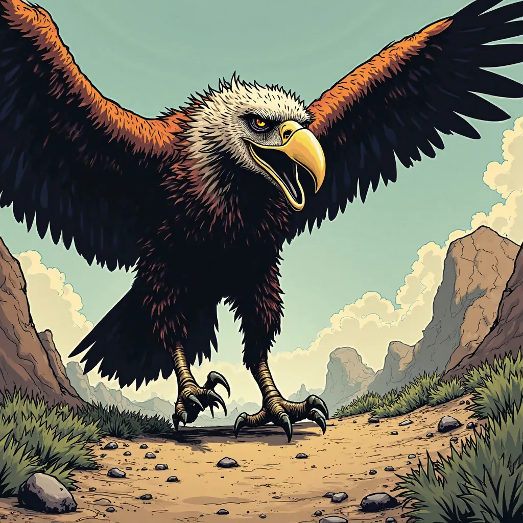 "A hungry vulture, with piercing eyes and a treacherous smile, waiting on a secluded path." In comic book style 
