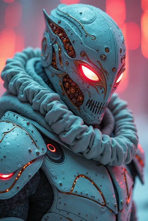 Terrifying cinematic science fiction photo of a portrait of a non human futuristic masked transparent neon armour, white, green, pink, silver, orange, yellow purple and silver neon mythical freak dressed as a freak leather sharp fingers futuristic mask myt...