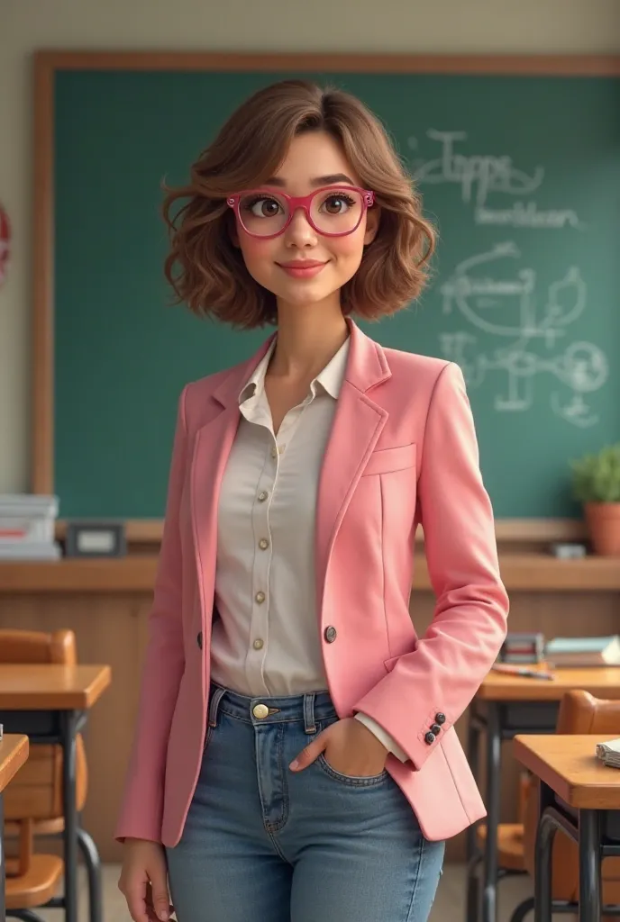 Woman short brown wavy hair, medium eyes, pink glasses, warm smile,  denim pants, white blouse , pink blazer, in a teacher's classroom 