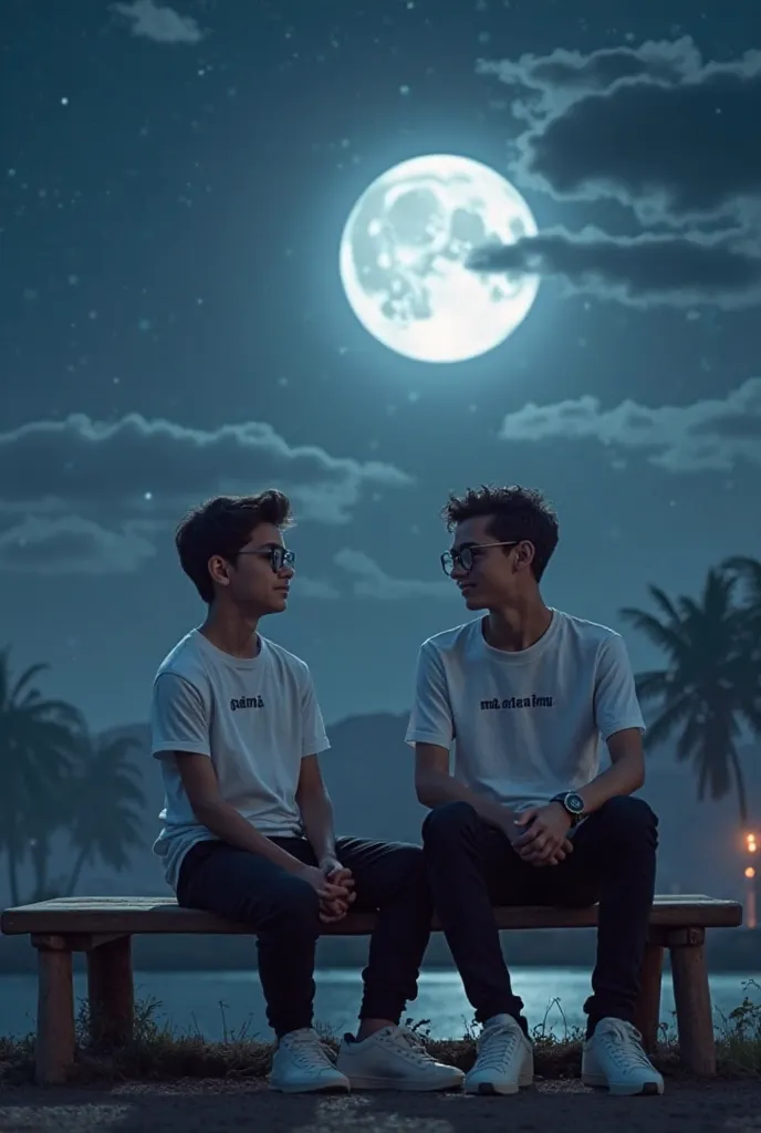 Two smartboys  are sitting in  HD quality image style ona moon night in a sit. All the boys are wearing long T -shirts white. Mostofa  sami is written on the boys shirt.The boy is wesring white shoes. He is wearing black pants. He is wearing white shoes hi...