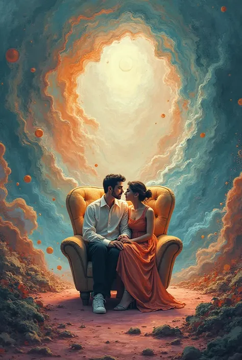 Abstract background of a man and a woman sitting in an abstract armchair.