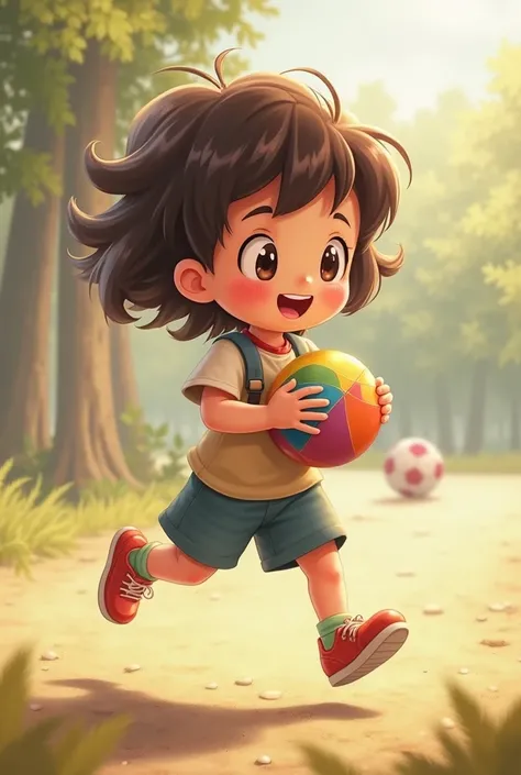 A  girl with dark brown hair, short hair,   round face and fluffy cheeks , with a full body. She is holding a colored ball with both hands, looking at her with curiosity and joy. Her expression is innocent and playful.  The scene has a soft and illuminated...