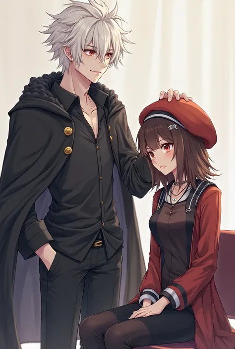 2 friends an anime man with white skin with messy white hair with a black wool hood with the edges showing the wool and with a cape that covers the black shirt he has  ,You could say that like black cotton on her head,wearing an elegant open shirt with 3 b...