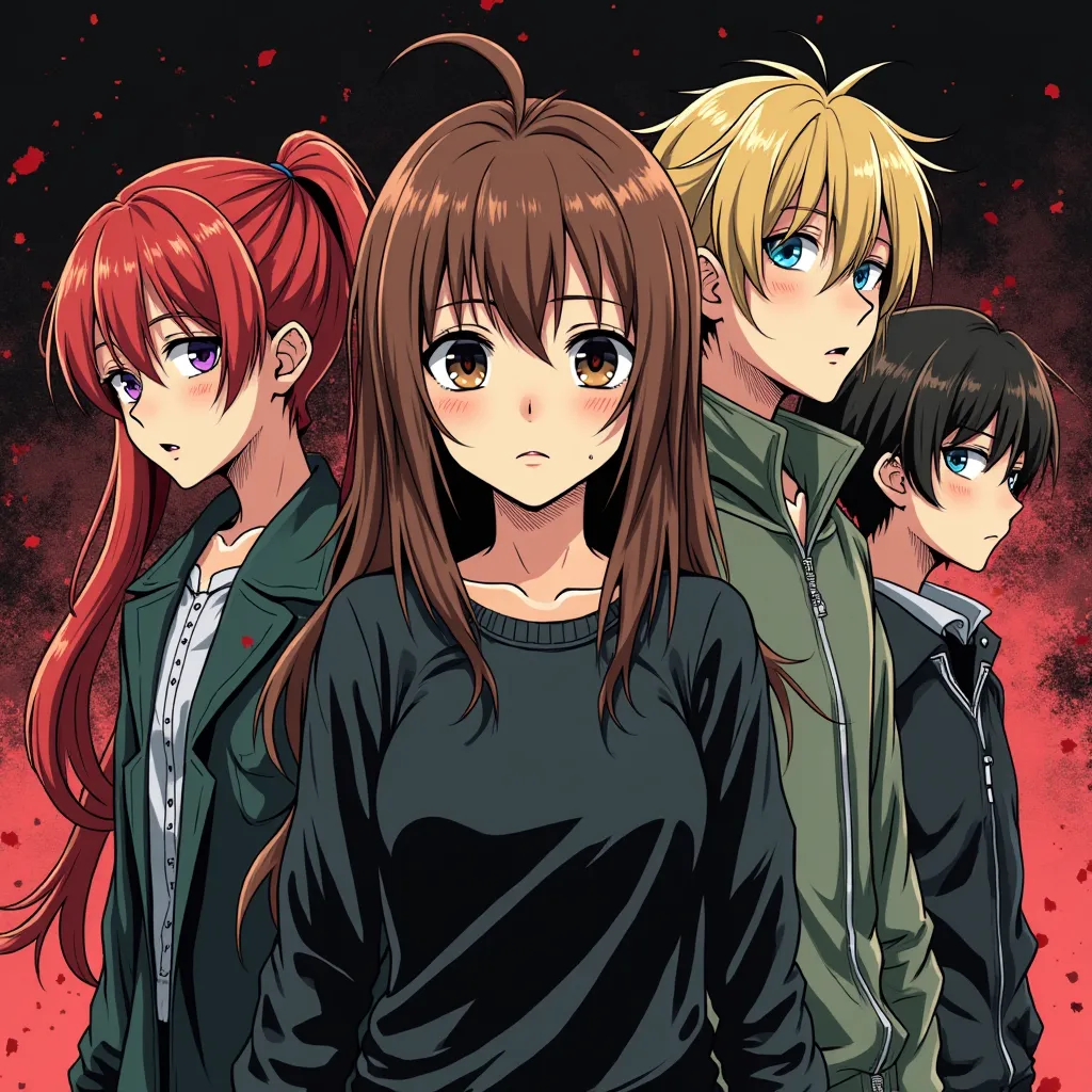 Create a horror manga comic strip, with 5 agers, One with red hair wearing black clothes,a brown-haired brunette with blonde locks, Latest Japanese woman with freckles with dark blond hair and the, 2 boys one Japanese and the other brown, In the style of t...