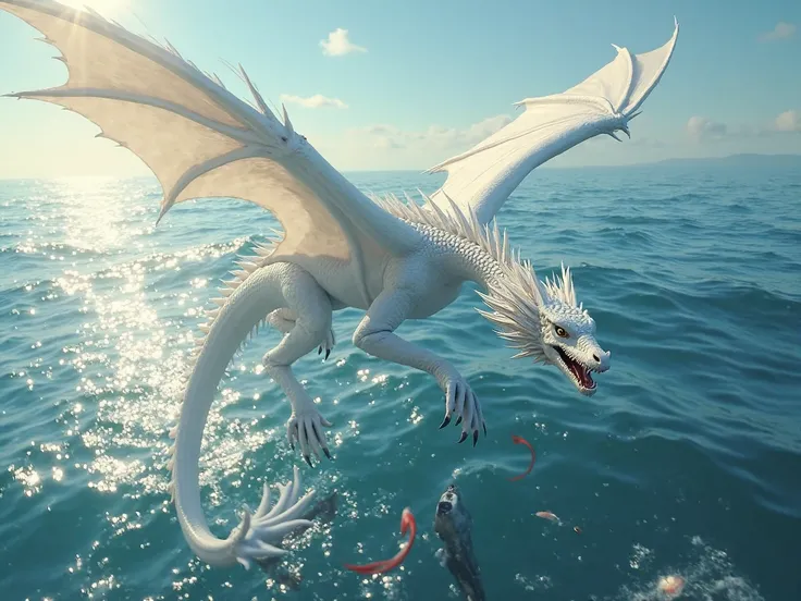 four legged white dragon hunting fish in ocean 