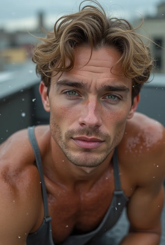  A handsome boy with light tan skin ,  olive green eyes and short wavy blonde brown hair. That you are in your mid-30's. That you lie on a roof terrace in the rain. Have a confident and manly look . Make it a realistic photo of a person. That look like the...