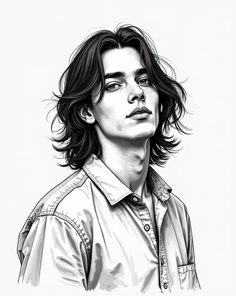 Young man in his 20s, stylized sleeve style, with a shirt and long hair, black and white drawing