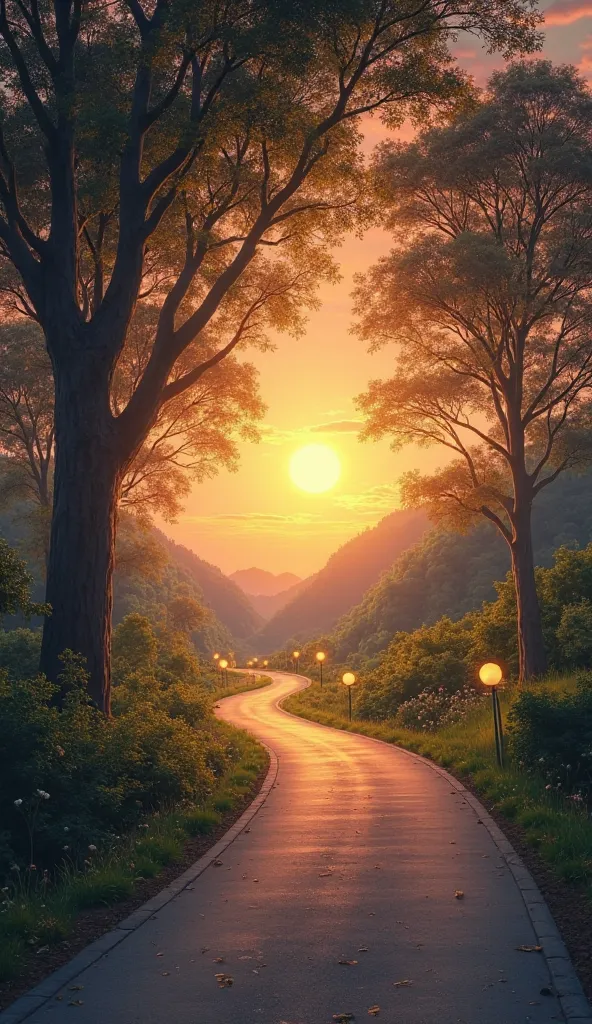 "A long, winding road surrounded by tall trees and soft lights. On the horizon, an orange sunset sky, symbolizing a new beginning and life's journey."