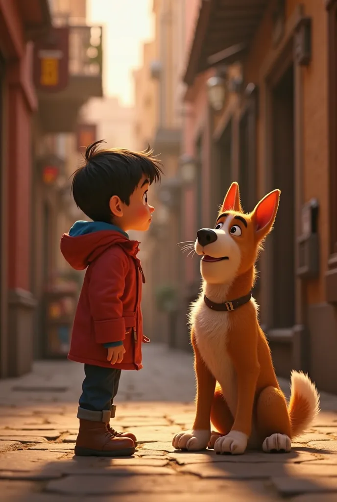 A warm 3D Pixar-style close-up of Félix and the dog standing side by side in the alley. Félix, still catching his breath, looks up at the dog with admiration and gratitude. The dog, now relaxed, wags his tail slightly, his eyes gentle yet confident. The li...