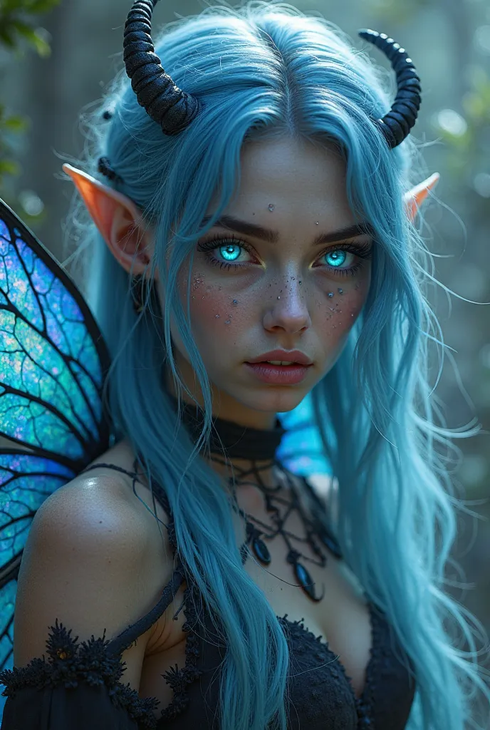  Elven woman, dark black skin, glowing blue eyes, Light blue hair, small black antennae on her head, large iridescent dragonfly wings on her back, loose rebel clothing