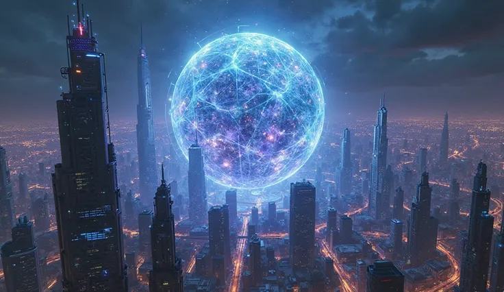 Futuristic city at night. The sphere radiates swirling plasma energy with intense blue, white, and purple hues, casting dramatic light across the sleek, high-tech skyscrapers below. The cityscape is filled with neon-lit structures, advanced technology, and...