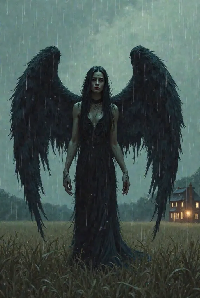 A fallen angel with black wings, long hair, injured walking towards a house in the field at night and in the rain