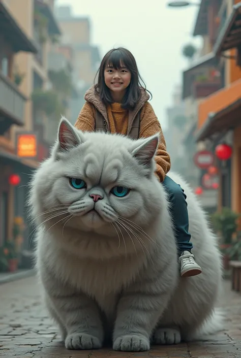 (photorealism:1.2), A highly detailed HDR photo of a 15-year-old girl riding a giant, chubby gray cat with yellow eyes. The cat is massive, fluffy, and calm, resembling a mythical creature. The girl has straight hair and wears a playful yet stylish outfit,...