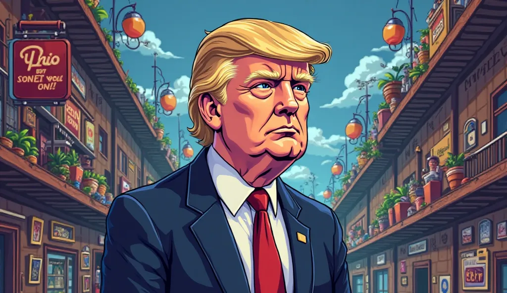 Draw Donald Trump as if he were a character from a LucasArts graphic adventure in pixelart