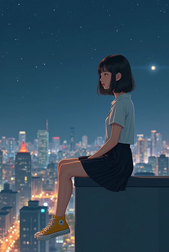 A young Korean woman sitting on a small wall, In white short-sleeved blouse and black skirt with yellow all star,  It's nighttime,  she has short hair. She is on top of a building  