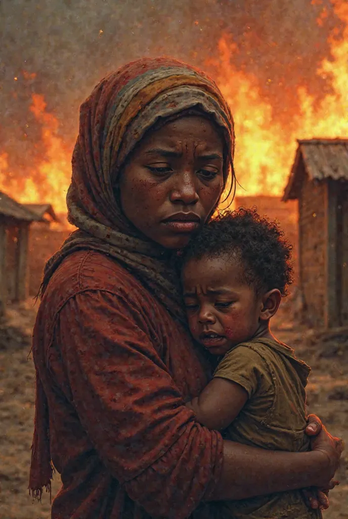 Je veux créer un portrait d'une mère portant son bébé dans le bras qui crient,  avec un mouchoir haiti dans sa tête, l'arrière plan doit être des petit maisons en haiti qui brûlent 