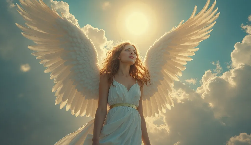 An angelic vision appearing to a dying person in their last moments of consciousness, portrait,angel,delicate face, serene expression,Divine Blessing,Luz Celestial,cloudy sky,angel dourado,splendorous wings,Dying in Peace,dying with an expression of relief...