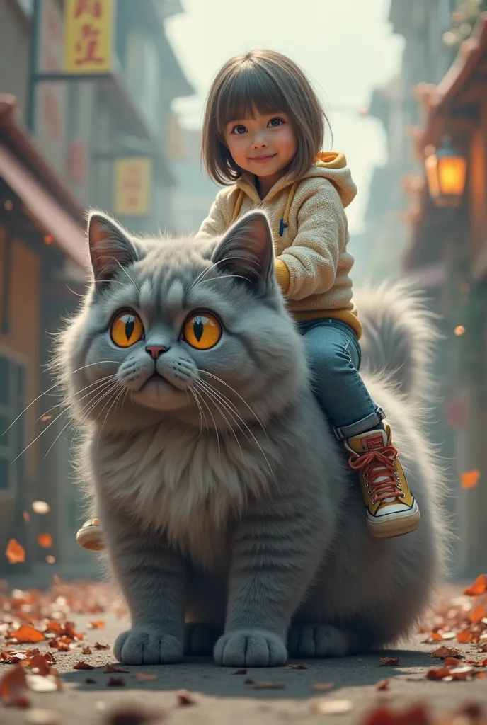 (photorealism:1.2), A highly detailed HDR photo of a  girl riding a giant, chubby gray cat with yellow eyes. The cat is massive, fluffy, and calm, resembling a mythical creature. The girl has straight hair and wears a playful yet stylish outfit, such as a ...