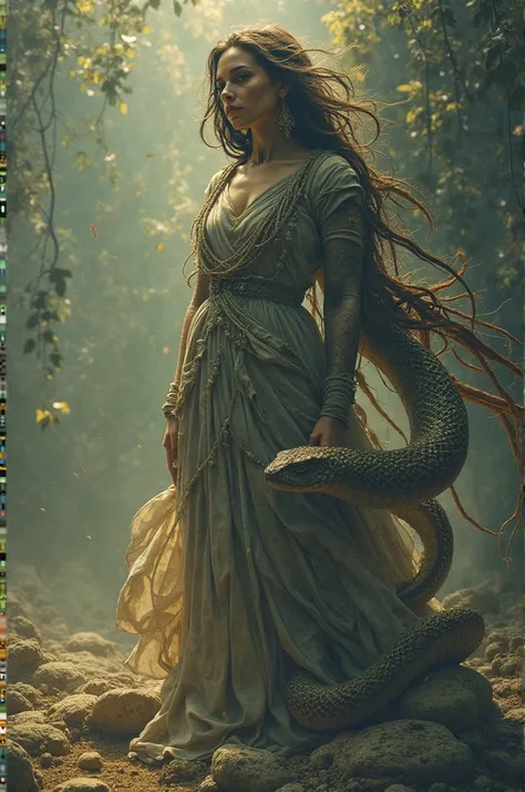 One woman and snake side standing 