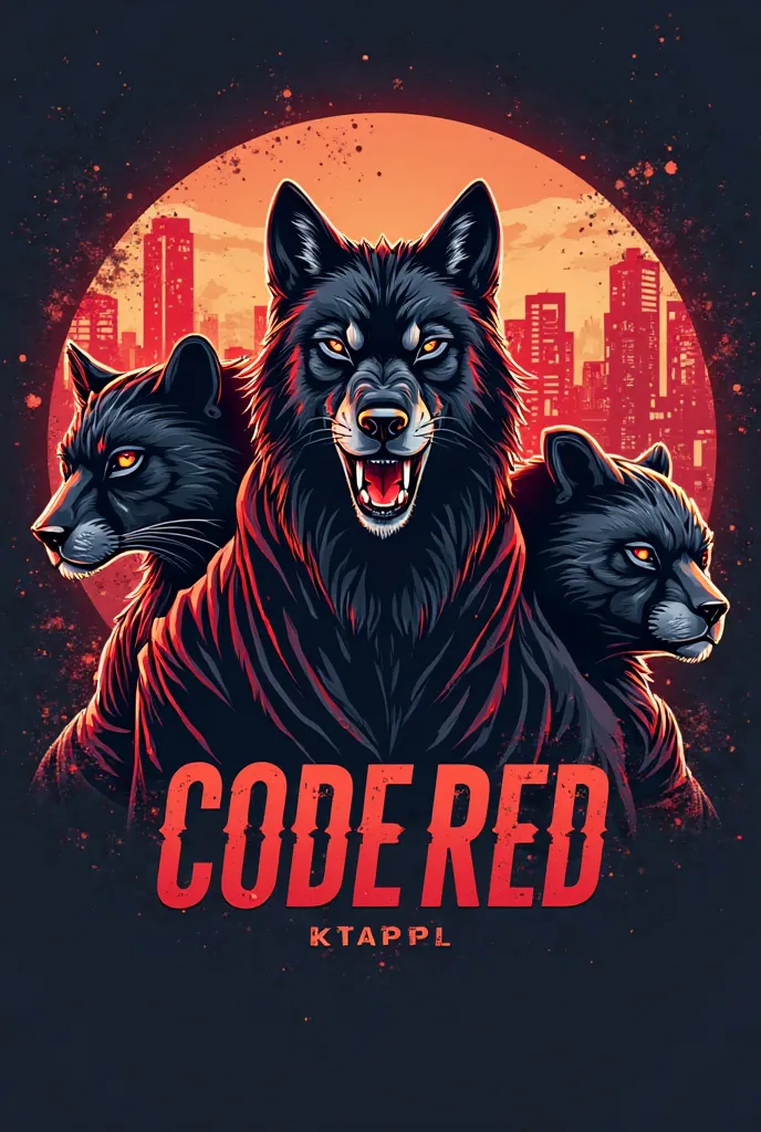 
Make me a GTA V roleplay logo for a server called Code Red using the image of a wolf, a panther and a bear with a city in the background