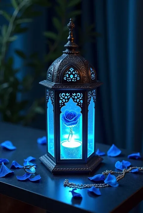 Islamic blue lantern made of elegant crystal glass with beautiful batik carving,lit on a black table,contains One blue rose stalk and rose petals, there is a silver heart-shaped pendant necklace ,in the darkness against a black background.ultra realistic,d...