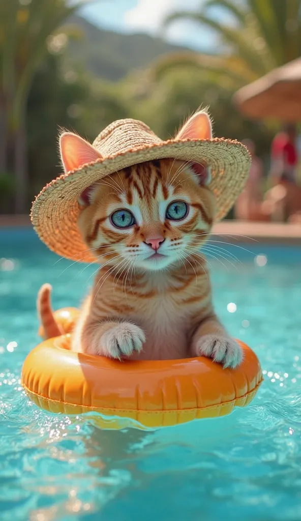 (dancing、masterpiece、8k))、Anatomically Correct、very detailed、High resolution、Realistic、(((3 kittens)))、(((Playing in a colorful rubber buoy)))、 He is holding a smartphone in his paw and wears a straw hat and swimming trunks ((  beautiful, bright, Almond-sh...