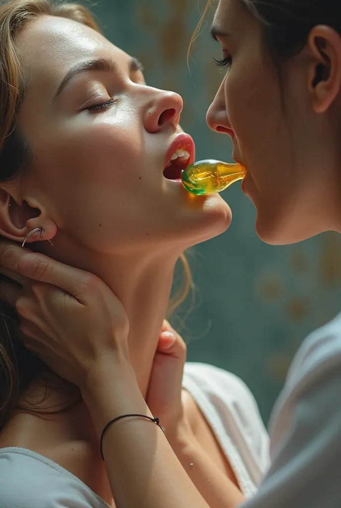 "{Visualization of the teacher practicing deep throat gargling on a student (his hand holding the device deep throat gargle in her throat)}." a blow job, deep throat, dirty Wet Dildo as puffy penis, wet skin, yellow and green multiple colored dildo, transp...