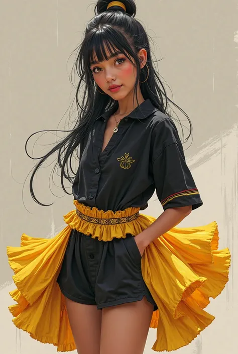 a 16-year-old ager with black hair tied in onions in half with a black sports blouse and a black short with a folklorico shoe with a long yellow skirt 