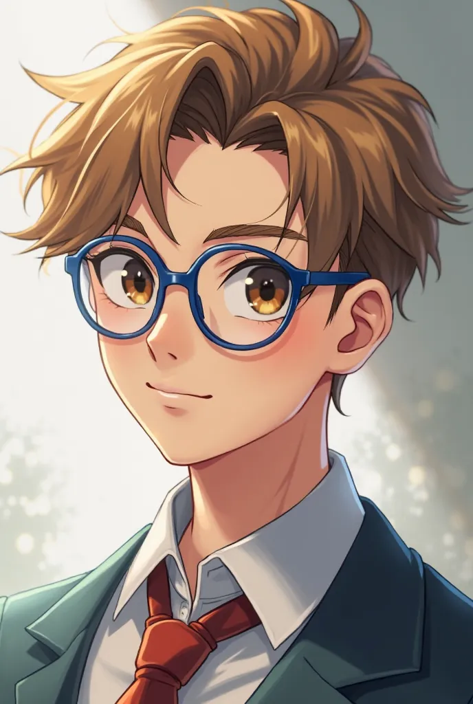 He's a handsome  boy with light brown hair with blue glasses