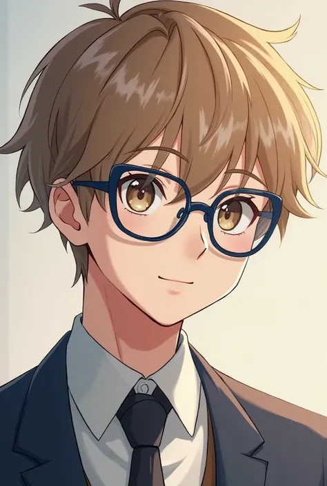 He's a handsome  boy with light brown hair with blue glasses