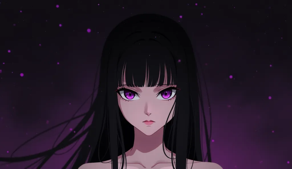 Digital illustration featuring a portrait in the foreground of a young woman with striking purple eyes and black hair, on a dark background with a gradient of purple and black tones. The woman is located in the middle of the image, looking directly at the ...