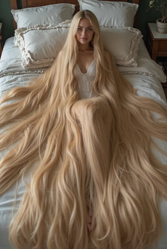 A beautiful woman lies on a large bed. She has the longest hair in the world. She has huge masses of beautiful long very blonde hair.  Her long thick beautiful hair cascades around her body. Her hair is so long that it completely covers the floor in all di...