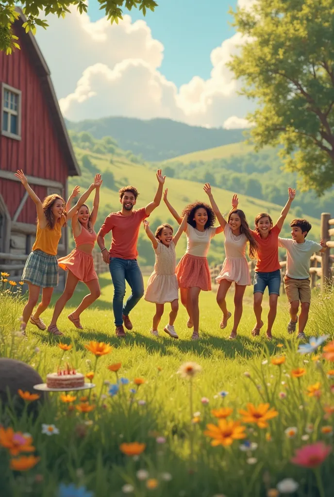 a group of friends on a farm dancing and celebrating a friend's birthday