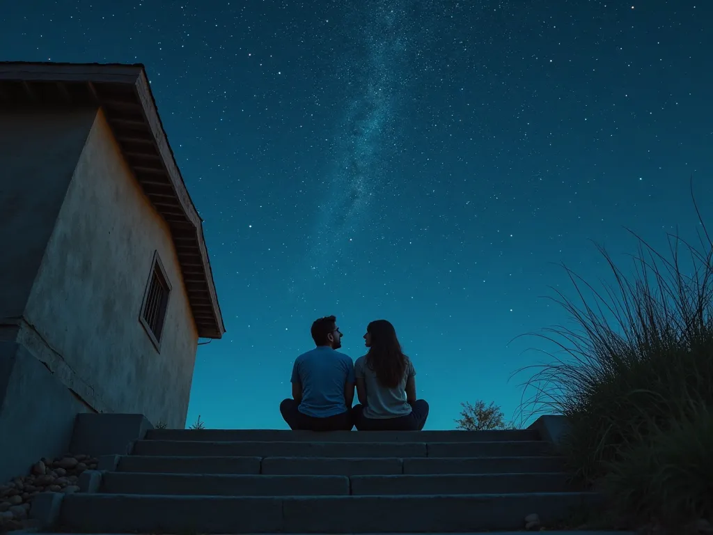 Angle Contra-plongée style, a man and a woman seated on the top step of a cement staircase( outside)  of a house, looking at the starry sky and talking.
