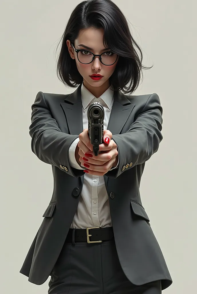 PSYCHO-PASS,there is a woman in a suit and glasses posing with a gun, a portrait by Jason Chan, trending on Artstation, shin hanga, wearing a strict business suit, in strict suit, elegant posed, in a business suit, wearing tight suit, red nail polish, lawy...