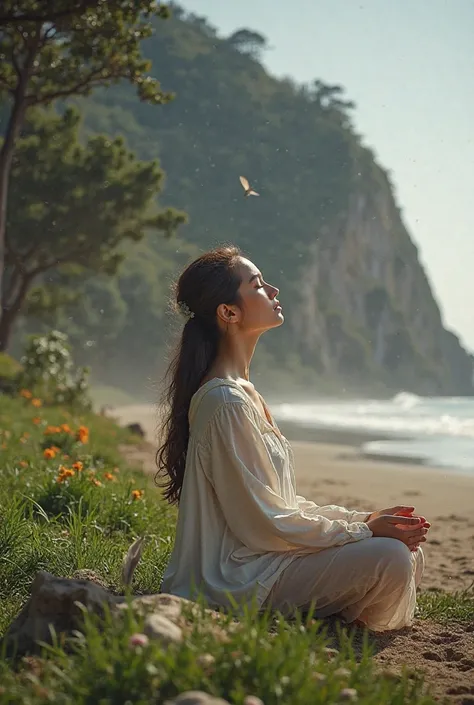 Create an image with 3 photos of the same woman in three different landscapes, a park, a beach and a cliff