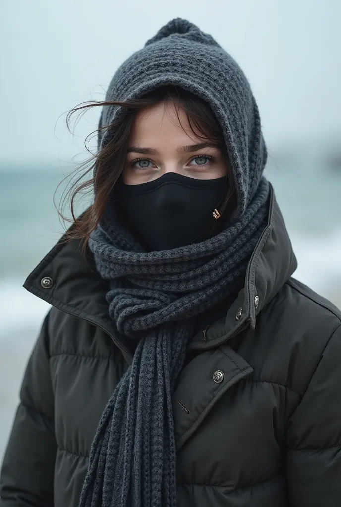 create a very realistic image for me. create an image of a girl wearing a coat, tightly covered her head with a scarf so no hairs are visible and wearing a face mask, the background can be nature, sea side, but the photo and girl should look human. the bac...