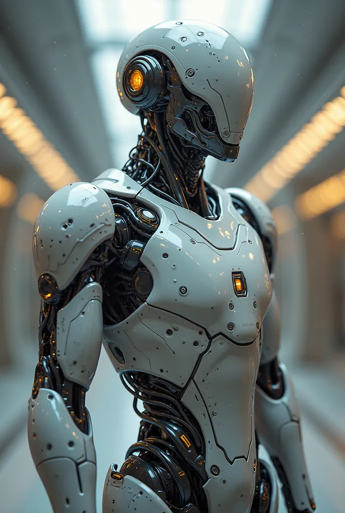 depicts an advanced human robot, on the chest is written Name "Aldi" the view of the human robot in the foreground.