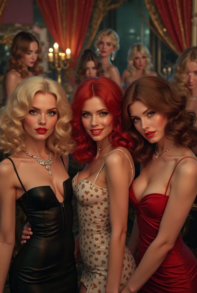 A blonde, a redhead and a brunette at a party with several naked women 